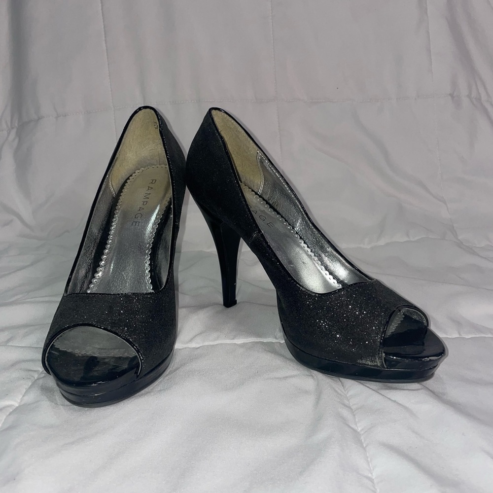 Black open toe’d glitter heels